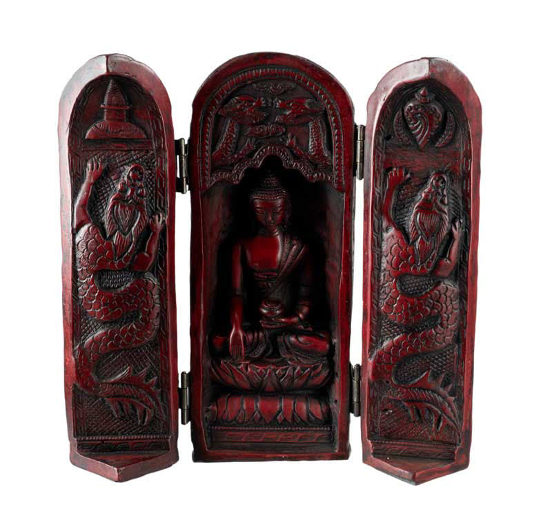 Autel de voyage bouddhiste triptyque 20 cm – sanctuaire portatif en résine sculptée