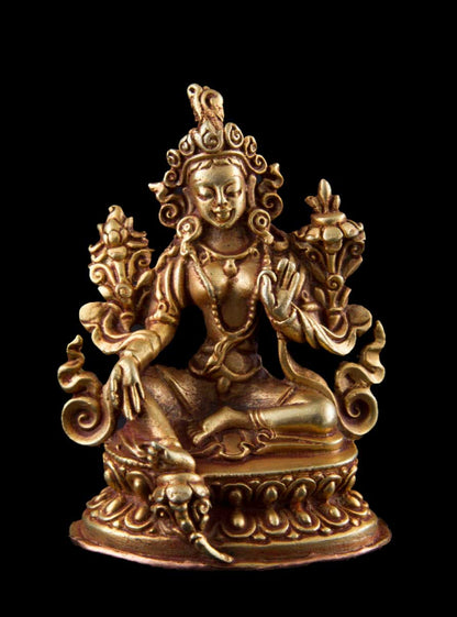 Statuette Bouddhiste Tara Verte En Cuivre Doré – Artisanat Du Népal