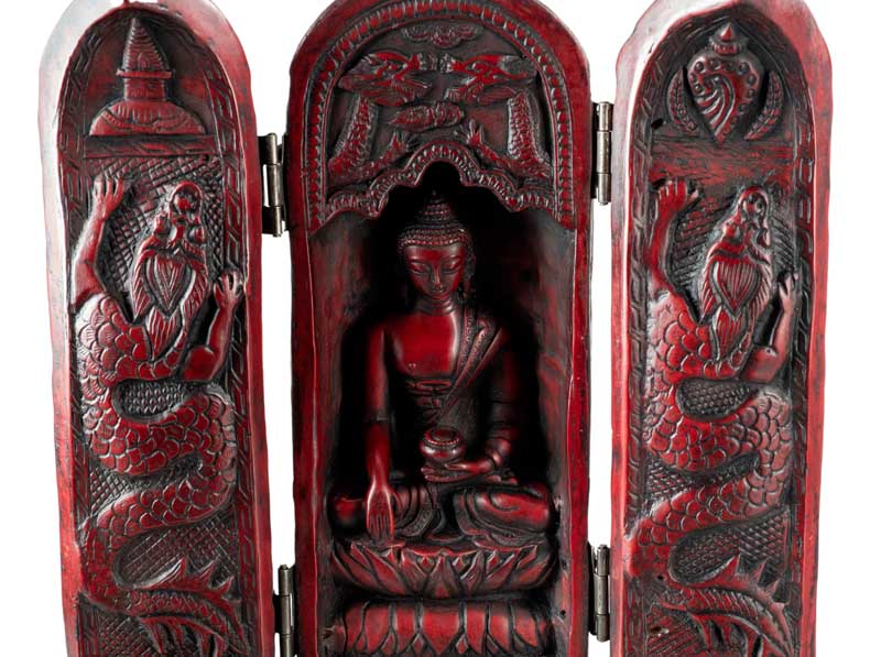 Autel de voyage bouddhiste triptyque 20 cm – sanctuaire portatif en résine sculptée