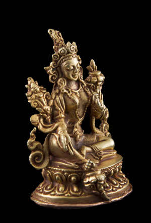 Statuette Bouddhiste Tara Verte En Cuivre Doré – Artisanat Du Népal