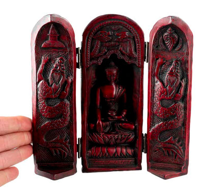 Autel de voyage bouddhiste triptyque 20 cm – sanctuaire portatif en résine sculptée