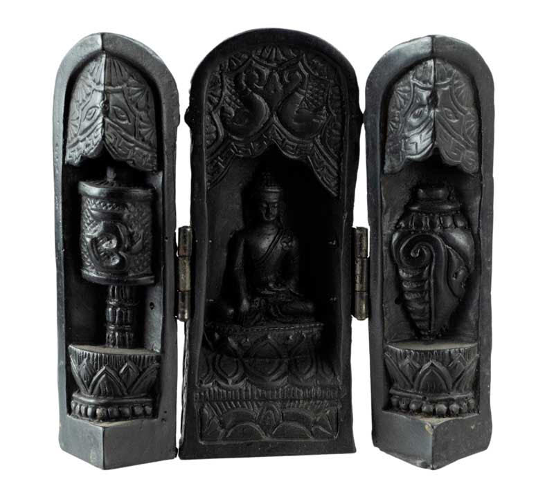 Autel Bouddhiste Triptyque Bouddha – Temple de Voyage en résine noire du Népal