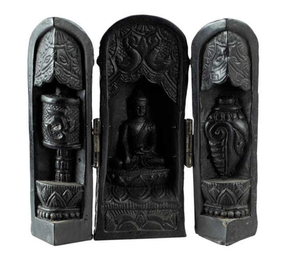 Autel Bouddhiste Triptyque Bouddha – Temple de Voyage en résine noire du Népal