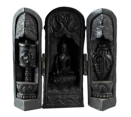 Autel Bouddhiste Triptyque Bouddha – Temple de Voyage en résine noire du Népal