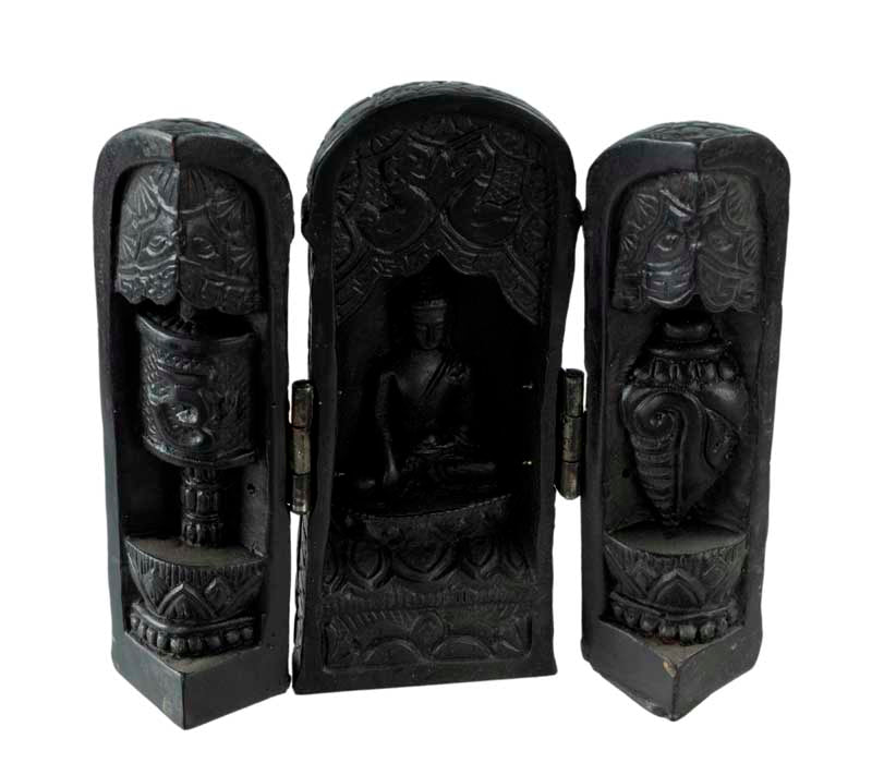 Autel Bouddhiste Triptyque Bouddha – Temple de Voyage en résine noire du Népal