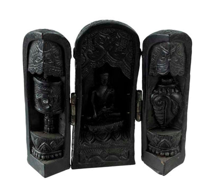 Autel Bouddhiste Triptyque Bouddha – Temple de Voyage en résine noire du Népal