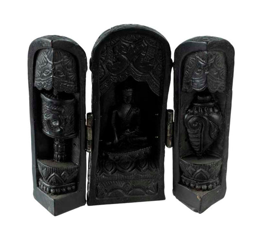 Autel Bouddhiste Triptyque Bouddha – Temple de Voyage en résine noire du Népal