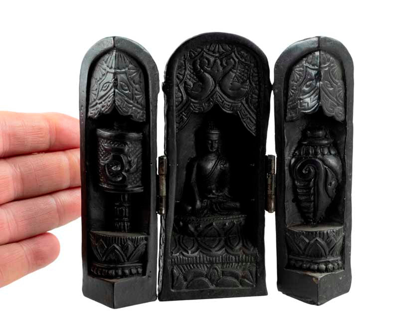 Autel Bouddhiste Triptyque Bouddha – Temple de Voyage en résine noire du Népal