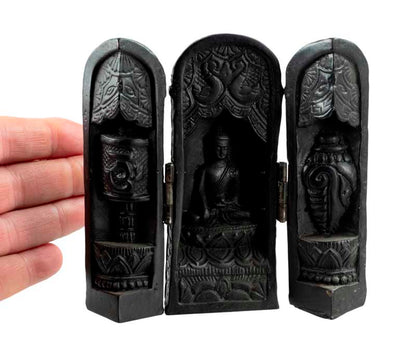 Autel Bouddhiste Triptyque Bouddha – Temple de Voyage en résine noire du Népal