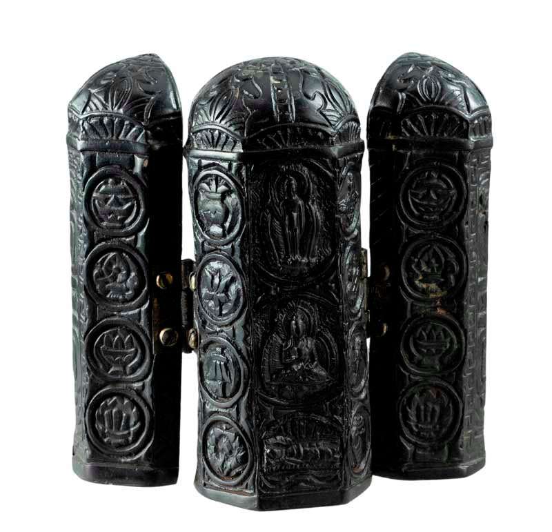 Autel Bouddhiste Triptyque Bouddha – Temple de Voyage en résine noire du Népal