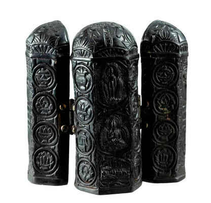Autel Bouddhiste Triptyque Bouddha – Temple de Voyage en résine noire du Népal