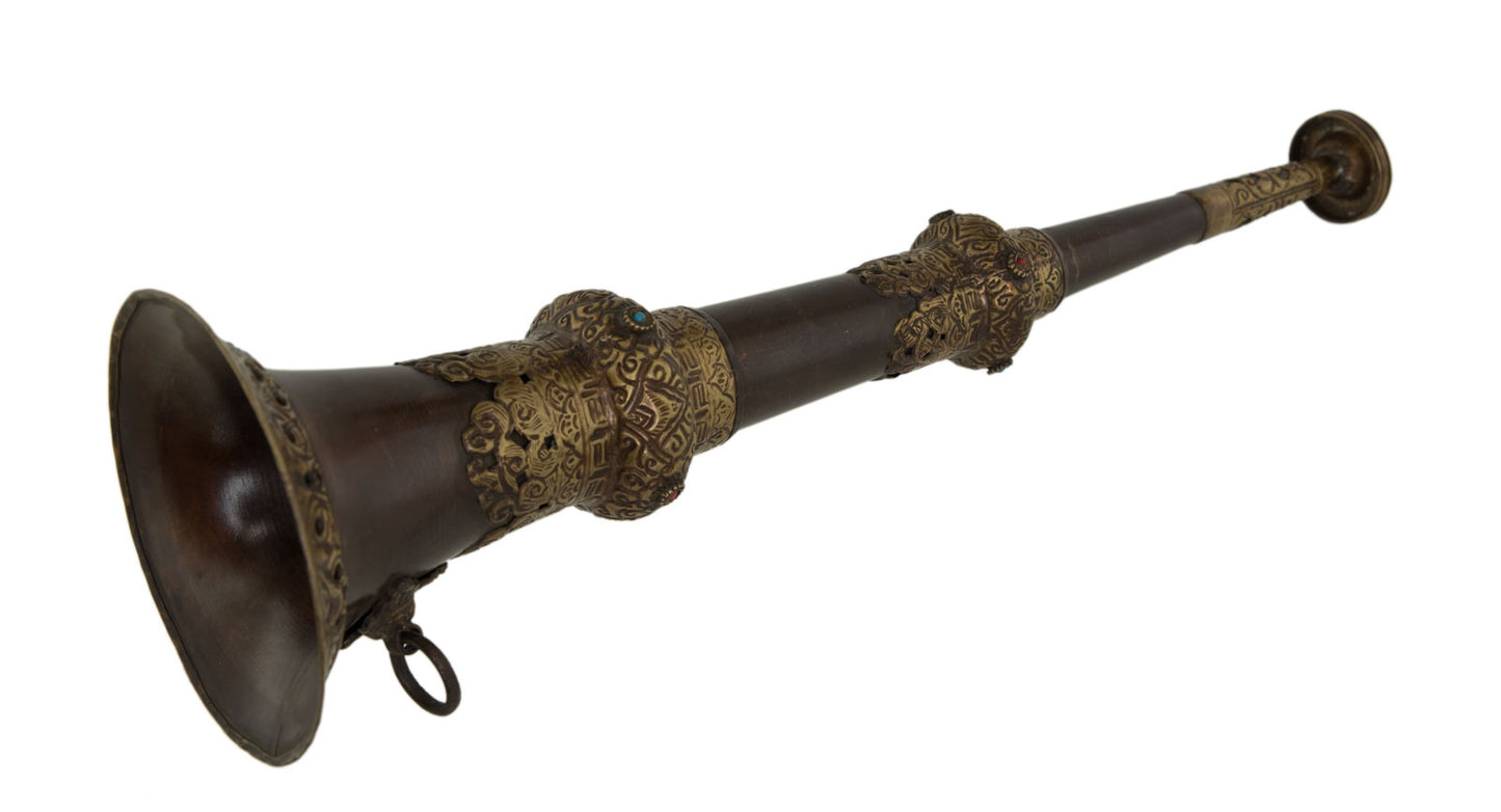Trompette tibétaine Dungchen en cuivre et laiton – Instrument rituel artisanal