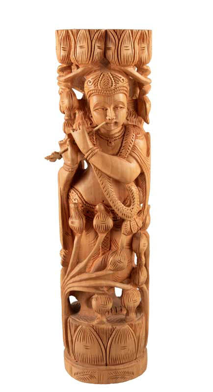Statue de Krishna en Bois – Dieu Hindou Joueur de Flûte, Artisanat Indien