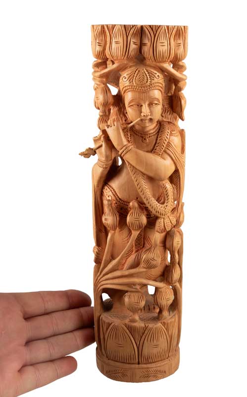 Statue de Krishna en Bois – Dieu Hindou Joueur de Flûte, Artisanat Indien