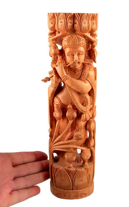 Statue de Krishna en Bois – Dieu Hindou Joueur de Flûte, Artisanat Indien