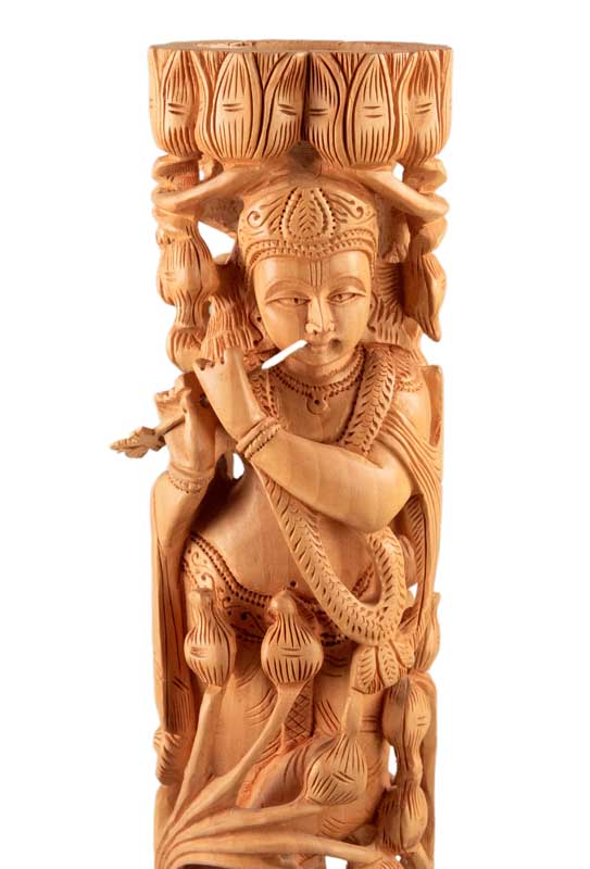 Statue de Krishna en Bois – Dieu Hindou Joueur de Flûte, Artisanat Indien
