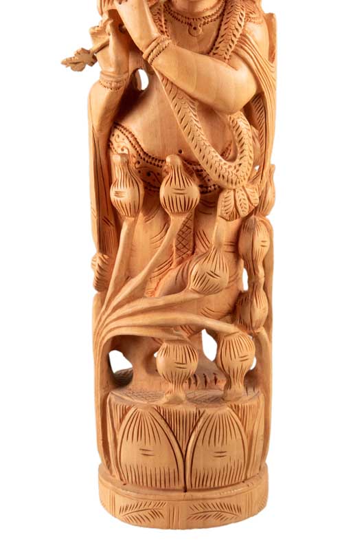 Statue de Krishna en Bois – Dieu Hindou Joueur de Flûte, Artisanat Indien