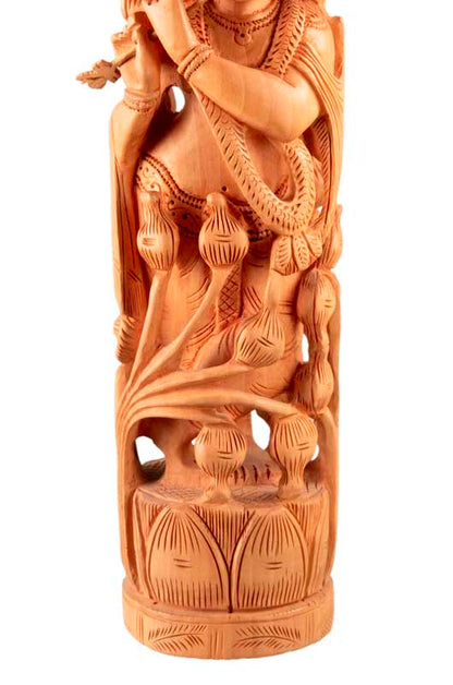 Statue de Krishna en Bois – Dieu Hindou Joueur de Flûte, Artisanat Indien