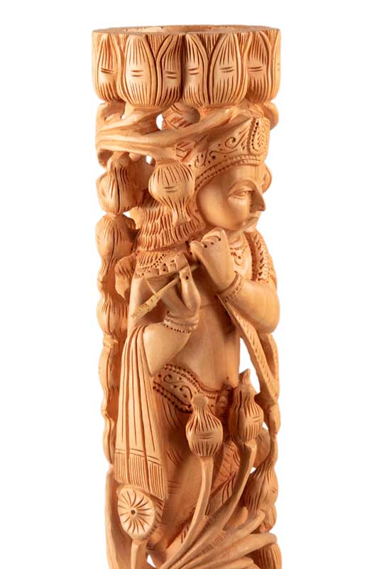 Statue de Krishna en Bois – Dieu Hindou Joueur de Flûte, Artisanat Indien