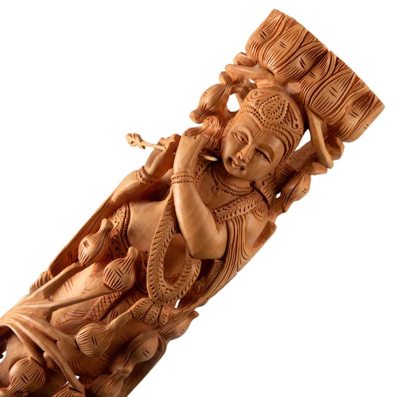Statue de Krishna en Bois – Dieu Hindou Joueur de Flûte, Artisanat Indien