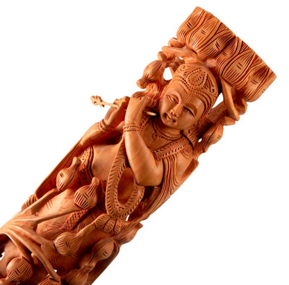 Statue de Krishna en Bois – Dieu Hindou Joueur de Flûte, Artisanat Indien
