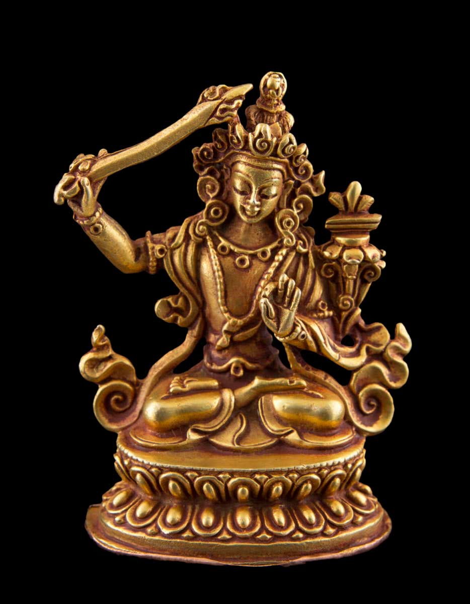 Statue Manjushri en Cuivre Doré à l’Or 24 Carats 5,9 cm – Bodhisattva Tibétain du Népal