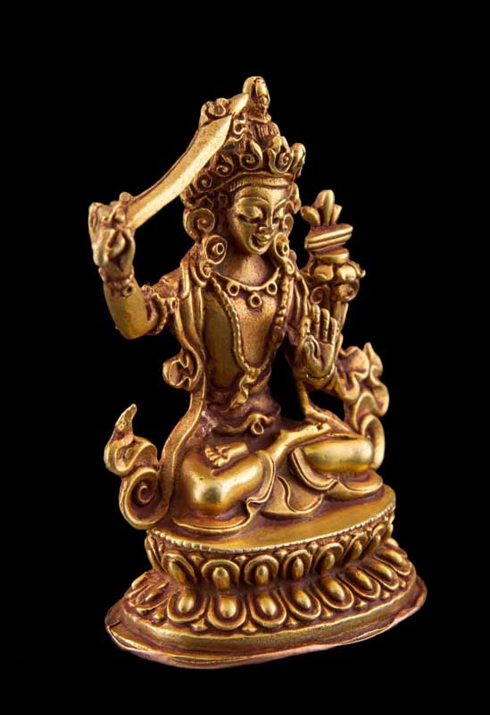 Statue Manjushri en Cuivre Doré à l’Or 24 Carats 5,9 cm – Bodhisattva Tibétain du Népal