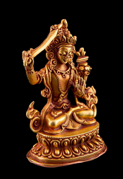 Statue Manjushri en Cuivre Doré à l’Or 24 Carats 5,9 cm – Bodhisattva Tibétain du Népal