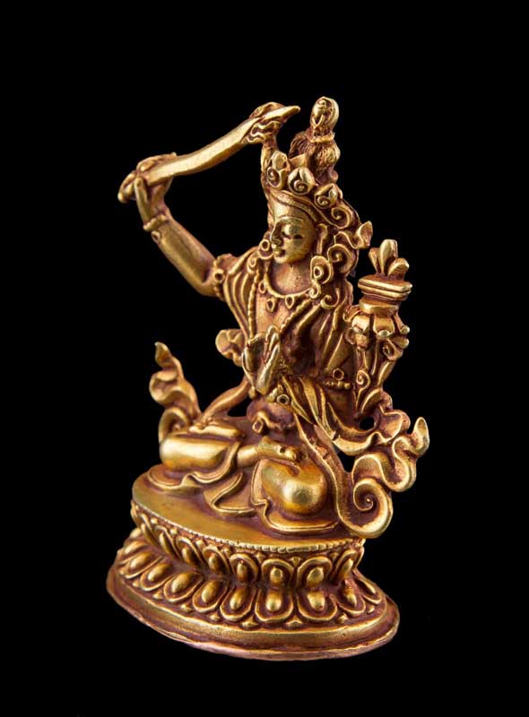 Statue Manjushri en Cuivre Doré à l’Or 24 Carats 5,9 cm – Bodhisattva Tibétain du Népal