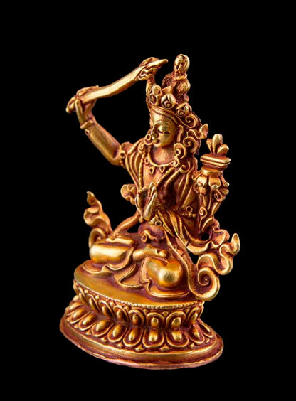 Statue Manjushri en Cuivre Doré à l’Or 24 Carats 5,9 cm – Bodhisattva Tibétain du Népal