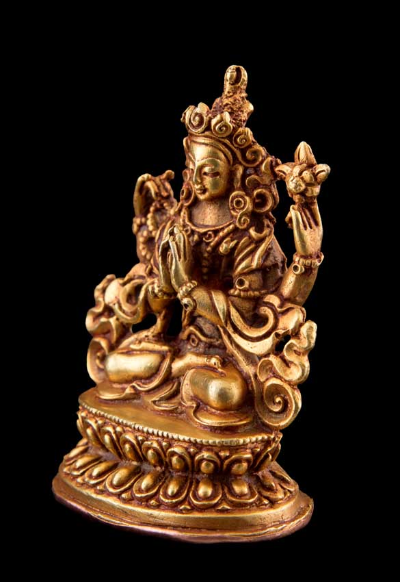 Statuette de Chenrezig en bronze doré – Artisanat népalais du clan Shakya