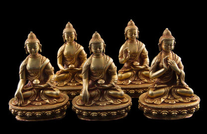 Set des 5 Dhyani Bouddha en bronze – Pancha Bouddha, œuvre artisanale tibétaine du Népal