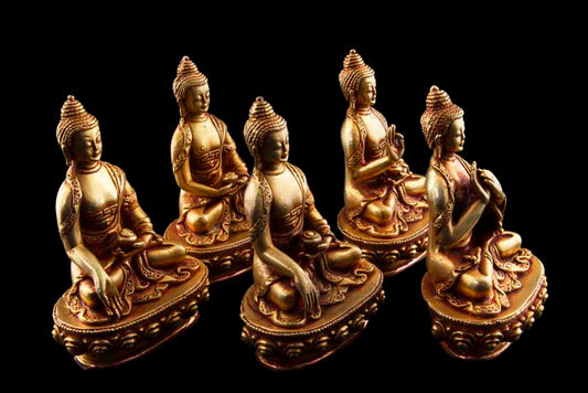 Set des 5 Dhyani Bouddha en bronze – Pancha Bouddha, œuvre artisanale tibétaine du Népal