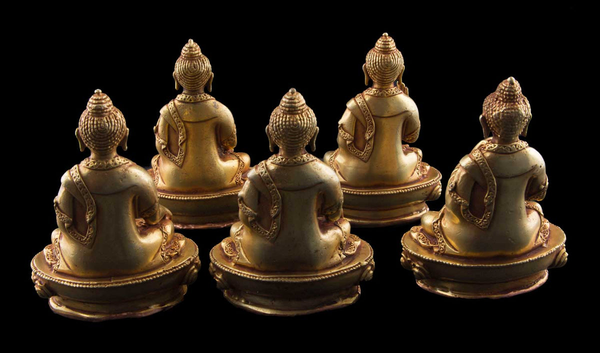 Set des 5 Dhyani Bouddha en bronze – Pancha Bouddha, œuvre artisanale tibétaine du Népal