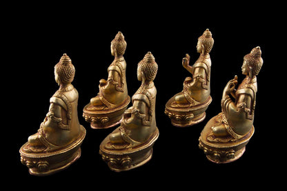Set des 5 Dhyani Bouddha en bronze – Pancha Bouddha, œuvre artisanale tibétaine du Népal