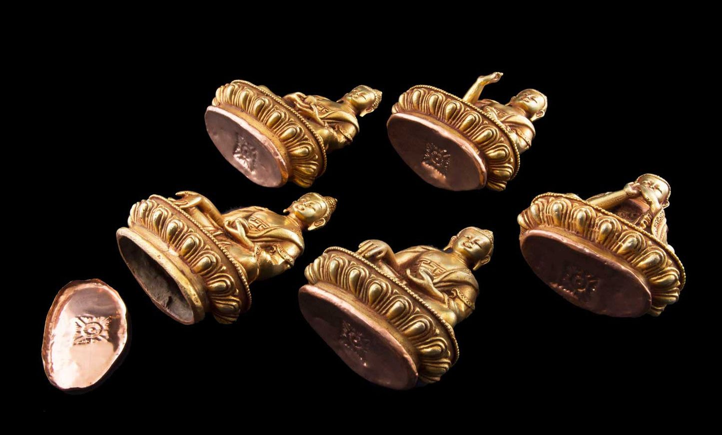 Set des 5 Dhyani Bouddha en bronze – Pancha Bouddha, œuvre artisanale tibétaine du Népal