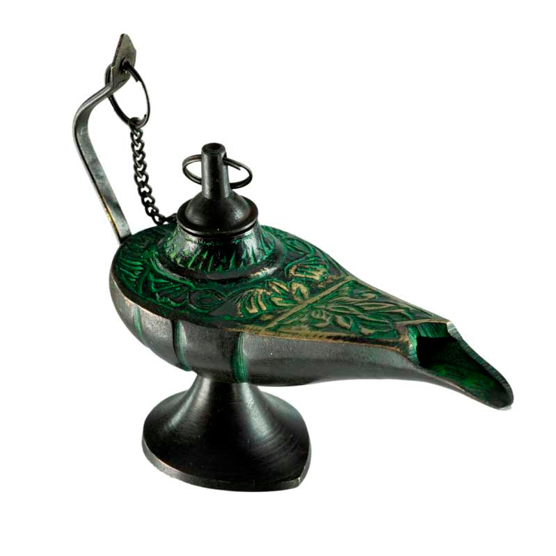 Lampe d’Aladin en Laiton 11 cm – Patine Brune et Verte – Artisanat Indien