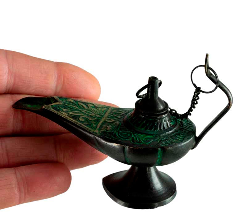Lampe d’Aladin en Laiton 11 cm – Patine Brune et Verte – Artisanat Indien