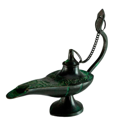 Lampe d’Aladin en Laiton 13,2 cm – Patine Brune et Verte – Artisanat Indien