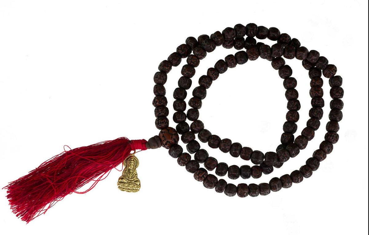 Rudraksha Mala Tibétain En Graines De Rudraksha – Collier Chapelet Avec Pendentif Bouddha Doré