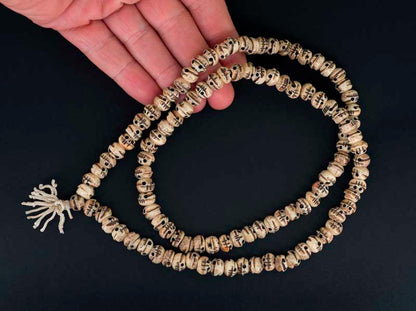 Chapelet Mala Tibétain Kapala Tête De Mort En Os – Perles Sculptées Beige