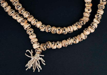 Chapelet Mala Tibétain Kapala Tête De Mort En Os – Perles Sculptées Beige