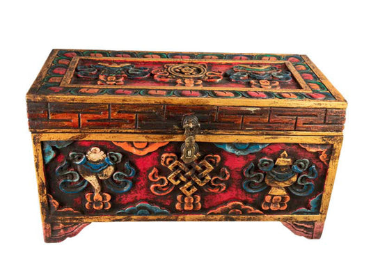 Coffre tibétain extra large en bois sculpté et peint – artisanat bouddhiste du Népal