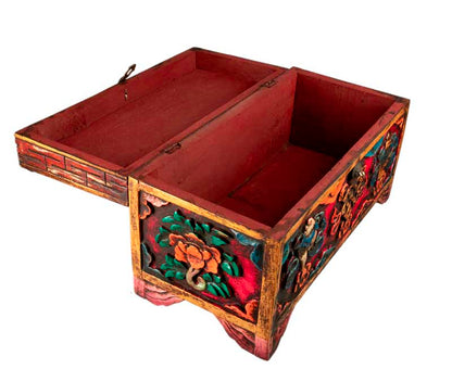 Coffre tibétain extra large en bois sculpté et peint – artisanat bouddhiste du Népal