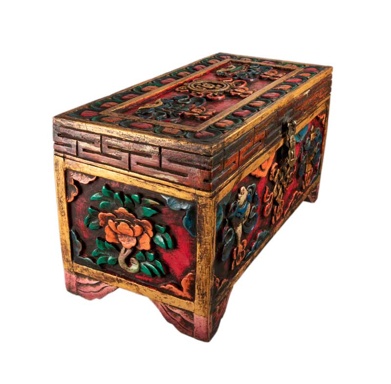 Coffre tibétain extra large en bois sculpté et peint – artisanat bouddhiste du Népal