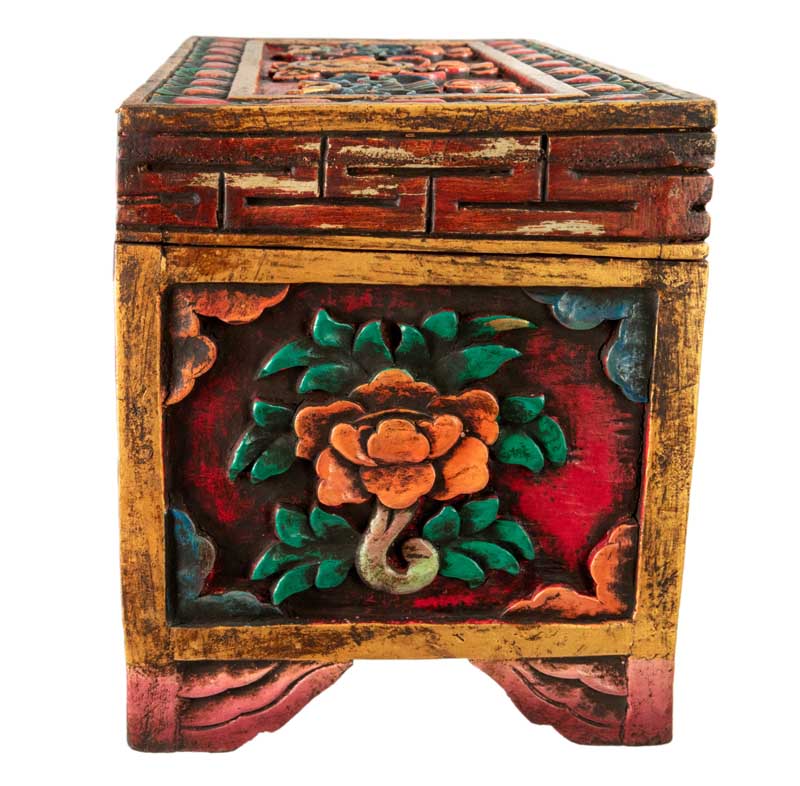Coffre tibétain extra large en bois sculpté et peint – artisanat bouddhiste du Népal