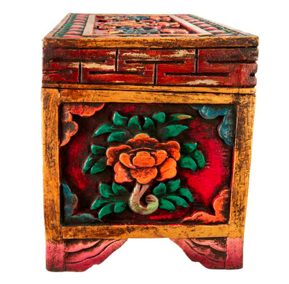 Coffre tibétain extra large en bois sculpté et peint – artisanat bouddhiste du Népal