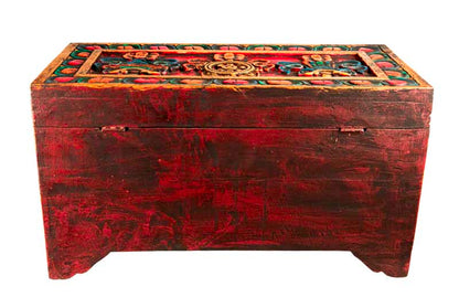 Coffre tibétain extra large en bois sculpté et peint – artisanat bouddhiste du Népal