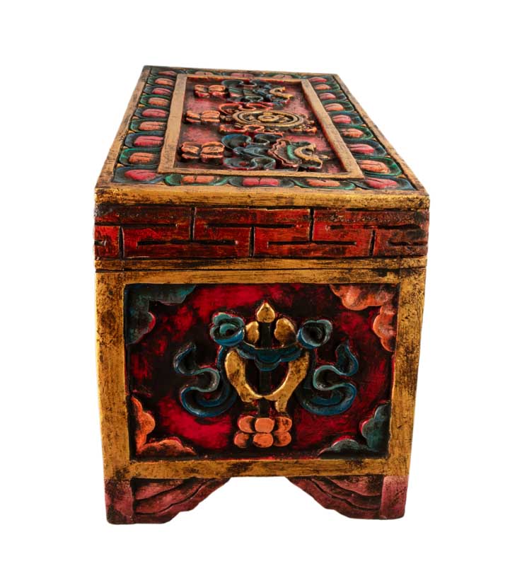 Coffre tibétain extra large en bois sculpté et peint – artisanat bouddhiste du Népal