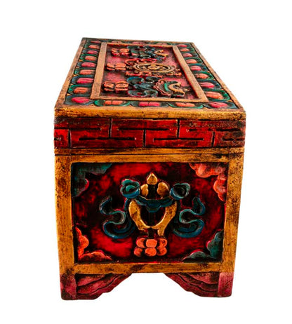 Coffre tibétain extra large en bois sculpté et peint – artisanat bouddhiste du Népal